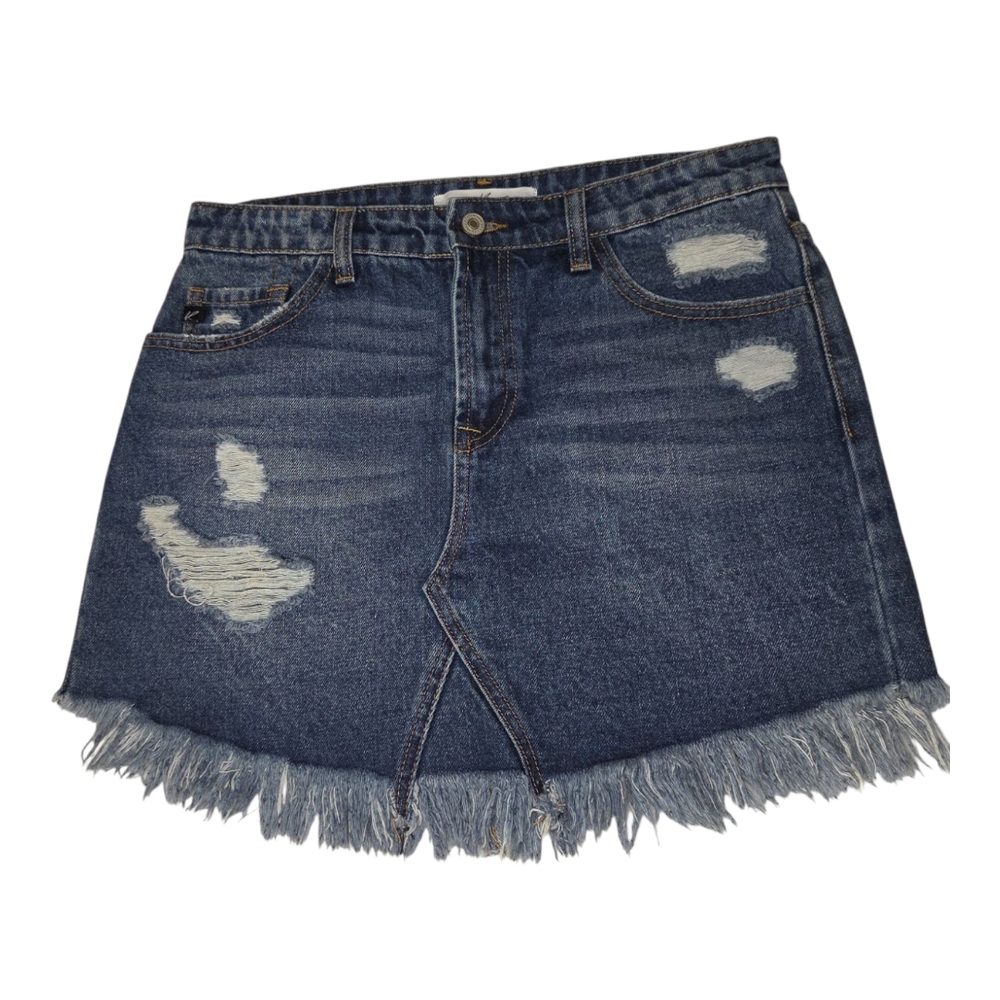 KanCan Blue Denim Jean Skirt Distressed Raw Frayed Hem Line Womens‎ Size M